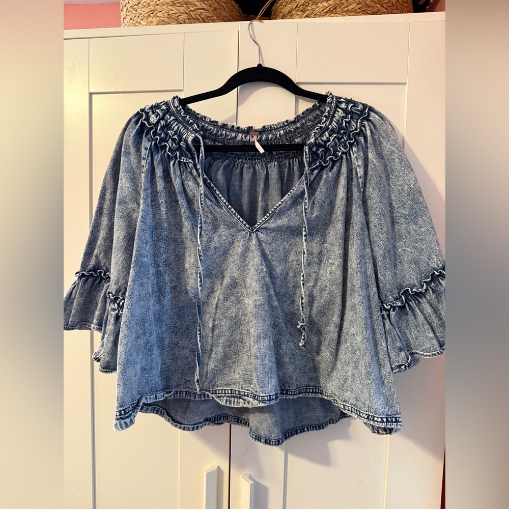 Free People Ainsley Acid Washed denim smocked swing peasant top. Size small